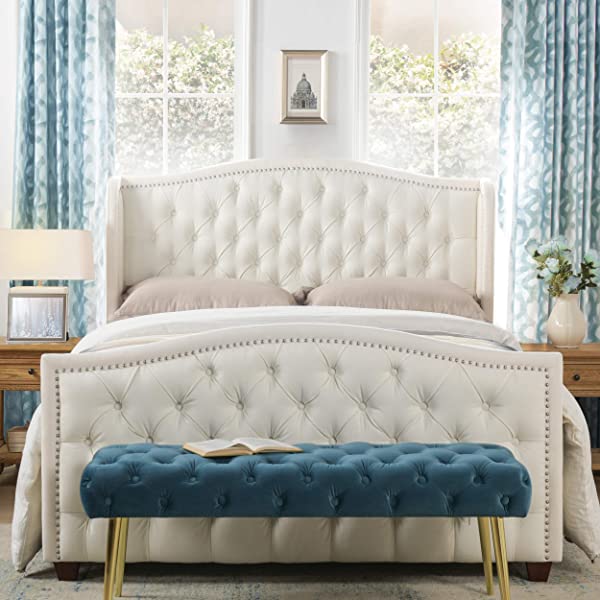 Jennifer Taylor Home Marcella Collection Queen Wingback Tufted Hand-Applied Nail Heads Upholstered Bed, Antique White Antique White Queen