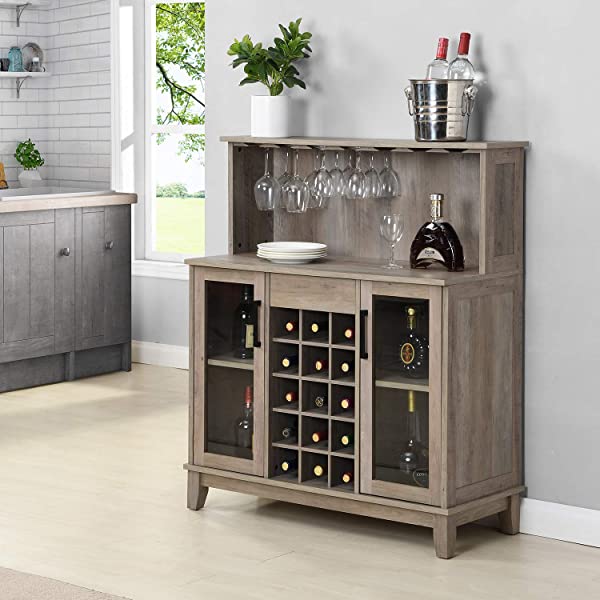 Bar Cabinet with Wine Rack and Glass Doors (Grey wash- Solid)