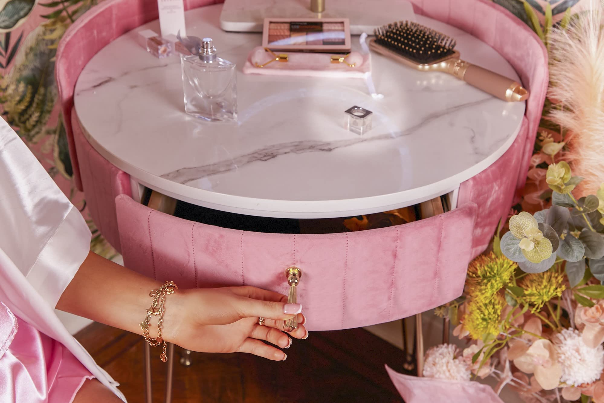 【Furniture】Velvet Dressing Table with LED Mirror in Pink