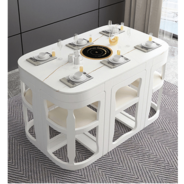 Esstisch und Stühle aus Marmor, Schiefer, Haushalt, kleine Wohnung, moderner, minimalistischer runder Tisch, schrumpfender Esstisch, Kombination aus Tisch und Stuhl aus Massivholz