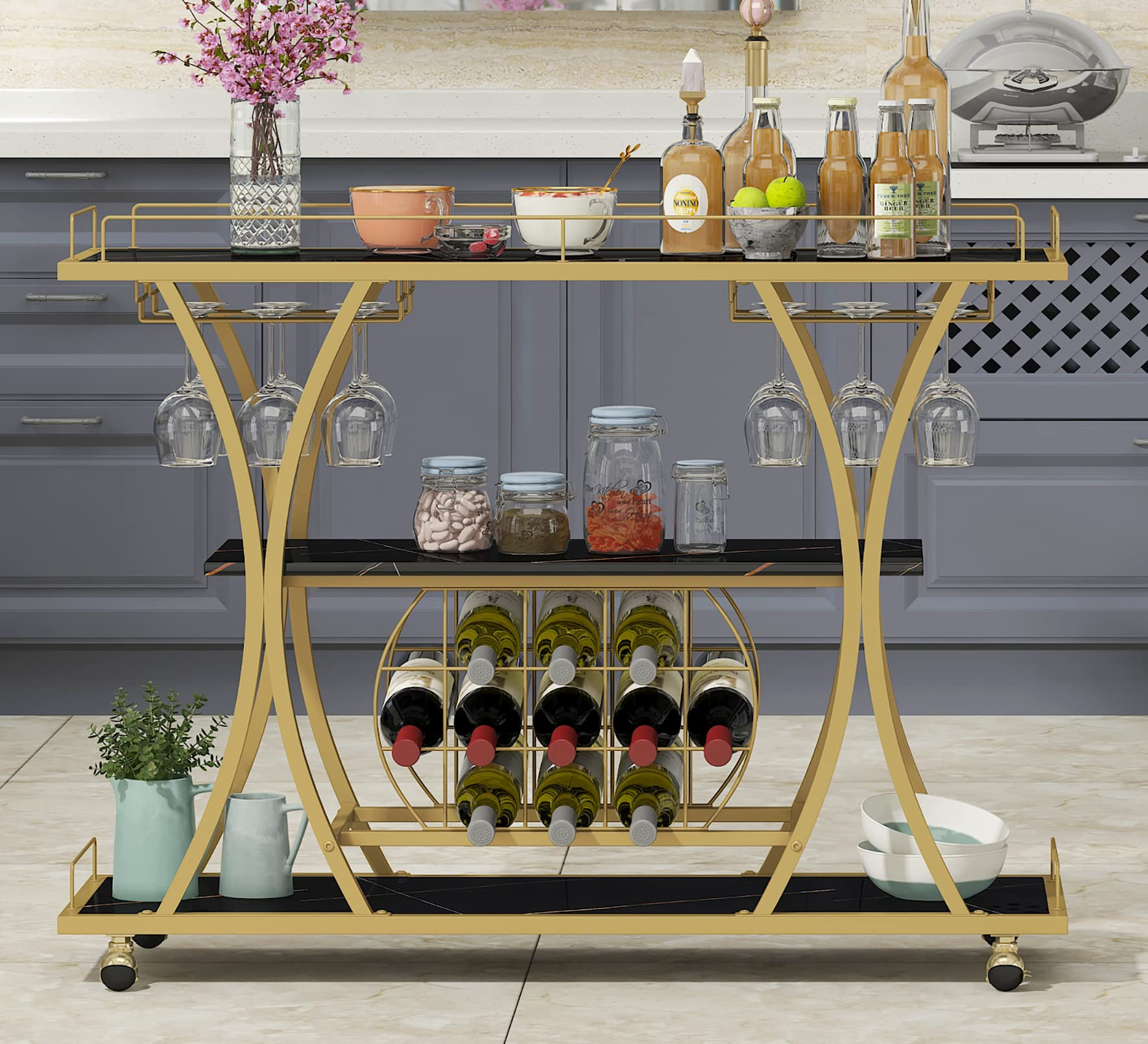 【Furniture】Bar Serving Cart with Glass Holder and Wine Rack, 3-Tier Kitchen Trolley, Mobile Wine Cart for Home