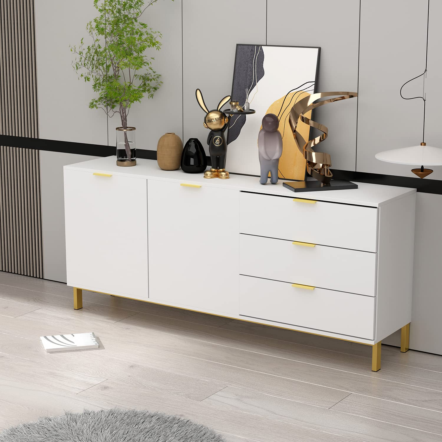 【Furniture】Buffet Sideboard with 3 Drawers & 2 Doors Storage, Buffet Cabinet Sideboard Credenza Coffee Bar Cabinet