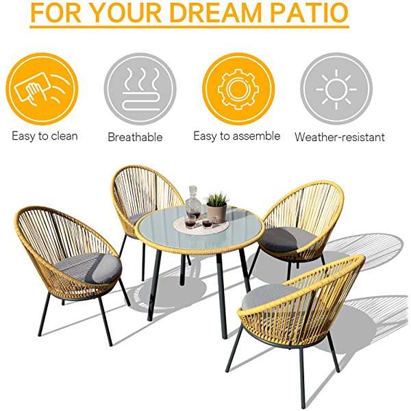 OC Orange-Casual 5 Pieces Patio Conversation Set, Outdoor Furniture Set, All-Weather Wicker Chairs with Round Glass Top Table and 4 Chairs, for Garden,Backyard, Indoor Outdoor Use, Yellow