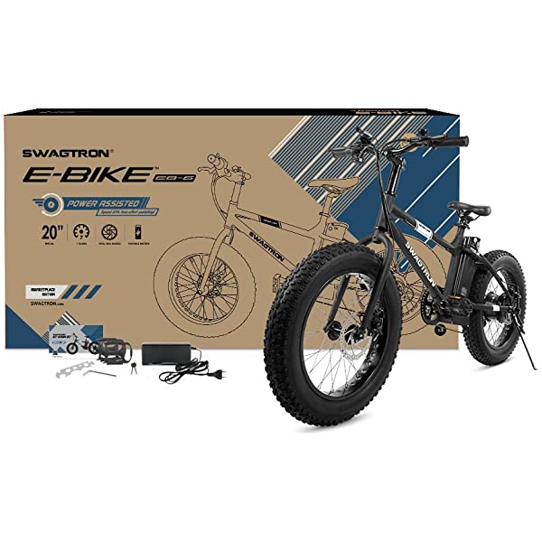 Swagtron EB-6 Bandit E-Bike 350W Motor, Power Assist, 4” Tires, 20” Wheels, Removable 36V Lithium Ion Battery, Dual Disc Brakes– Electric Bike 7-Speed Shimano SIS Shifting Built for Trail Riding White