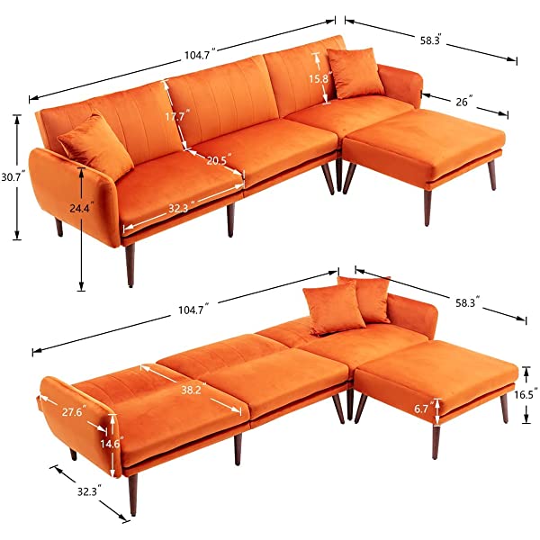JOMEED Convertible Sectional Sofa Bed with Adjustable Backrest Modern Velvet Fabric L-Shaped Couch with Extra 2 Pillows Wide Chaise Lounge for Living Room (Orange)