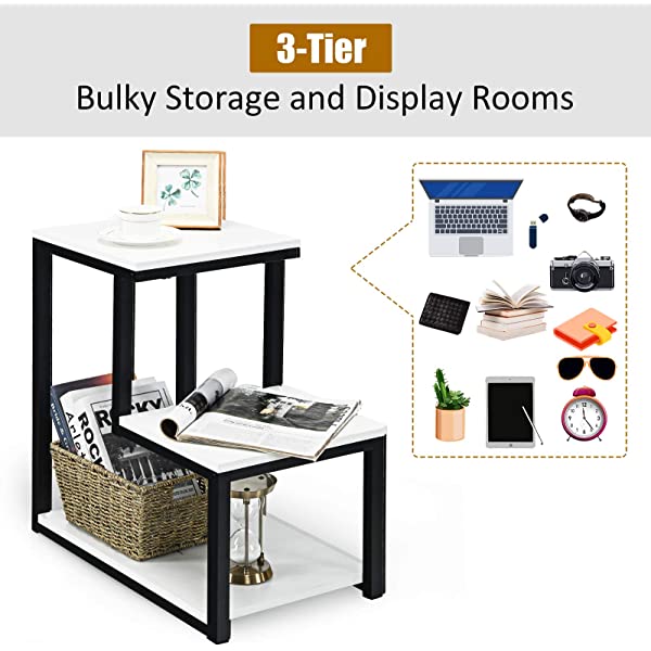 Tangkula 3-Tier Sofa Side Table, Nightstand with Storage Shelf, Sturdy Metal Frame, Ladder-Shaped Chair Side Table, White Tabletop Storage Shelf for Living Room or Bedroom (White)