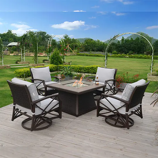 Kinger Home propane brazier table 5-piece set, suitable for outdoor patios, 42-inch stone tile roof LP brazier table, 4 rattan wicker swivel chairs,