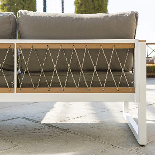 Walker Edison Harbor Modern 4 Piece Teak Wood and Metal Outdoor Modular Sectional with Knotted Rope Accents, Set of 4, White and Grey