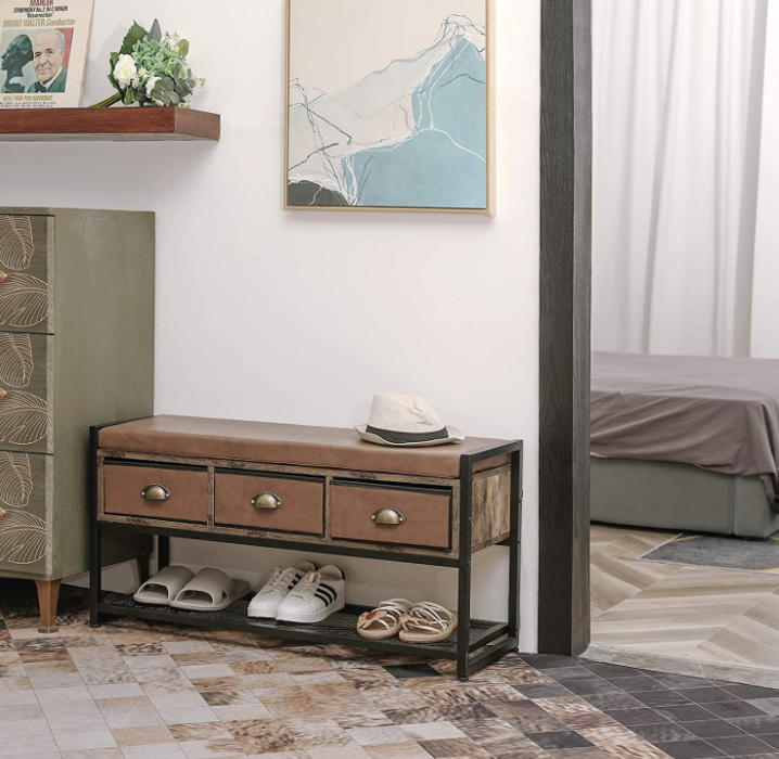 X-cosrack Industrial Shoe Bench Rack, 3-Tier Shoe Storage Organizer Shelf, Cushion Storage Bench with 3 Drawers &Mesh Shelf for Bedroom Hallway Entryway Living Room,Brown and Black