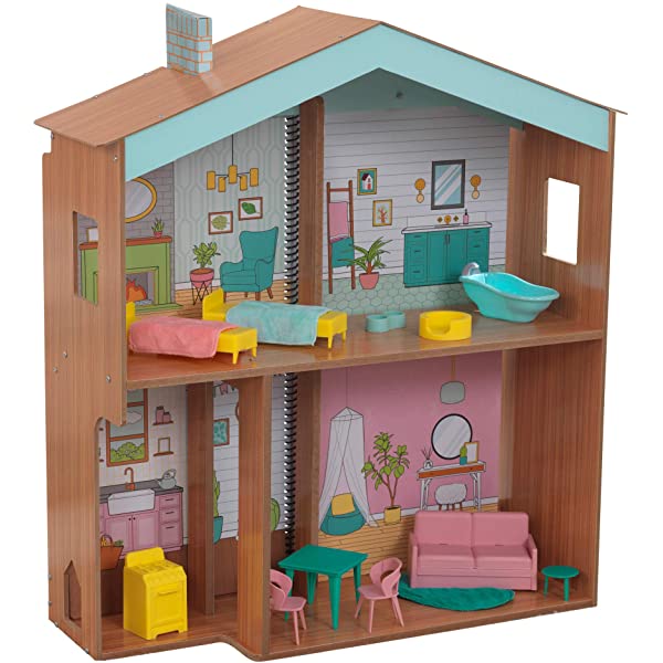 KidKraft Designed by Me™: Magnetic Makeover Wooden Dollhouse with Magnets, Fabric Wallpapers and 10 Pieces of Furniture, Gift for Ages 3+ Modern