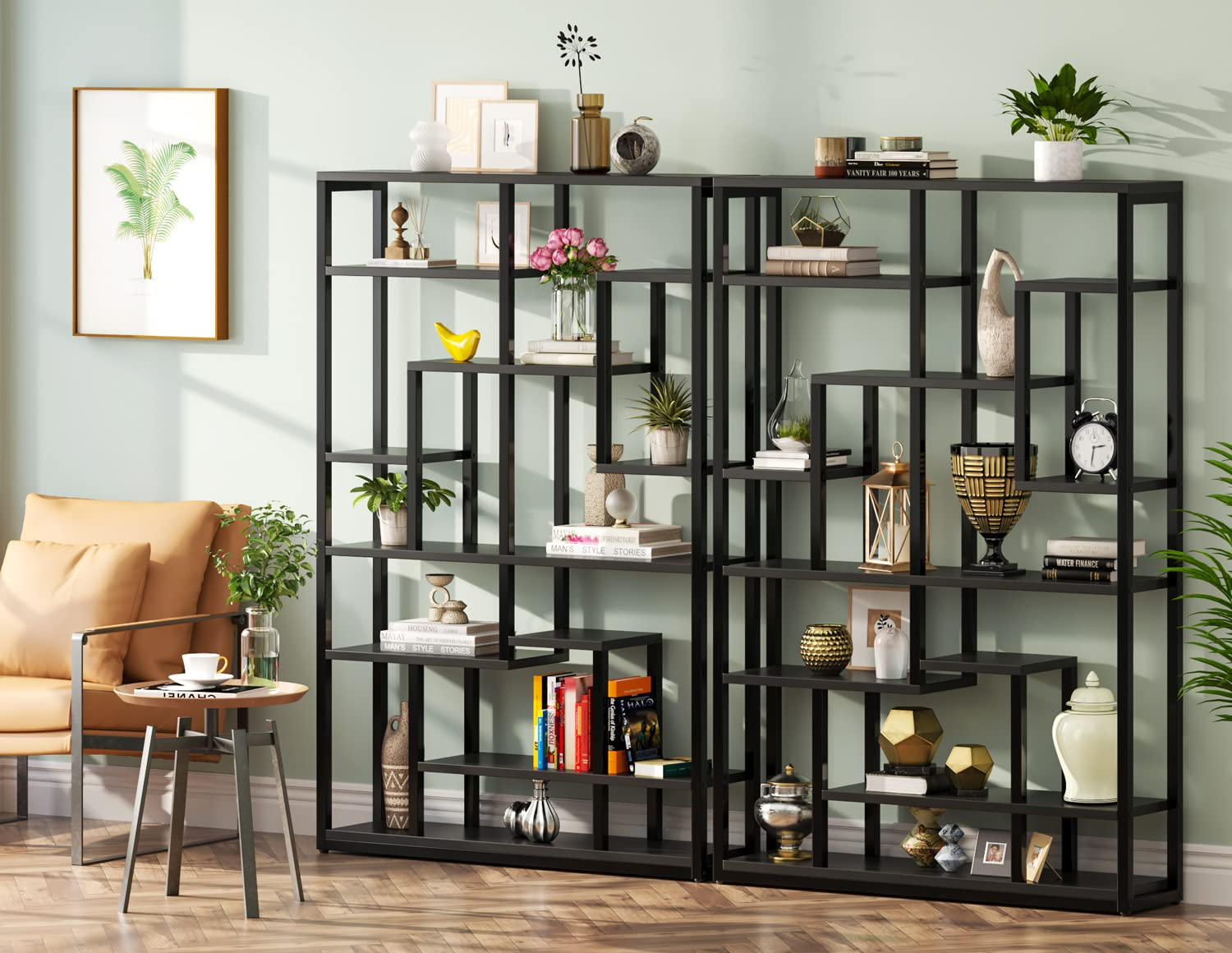 【Furniture】Black Bookshelf 47” Bookcase 9 Tier Tall Book Shelf Rustic Geometric Bookcase Display Shelf Organizer