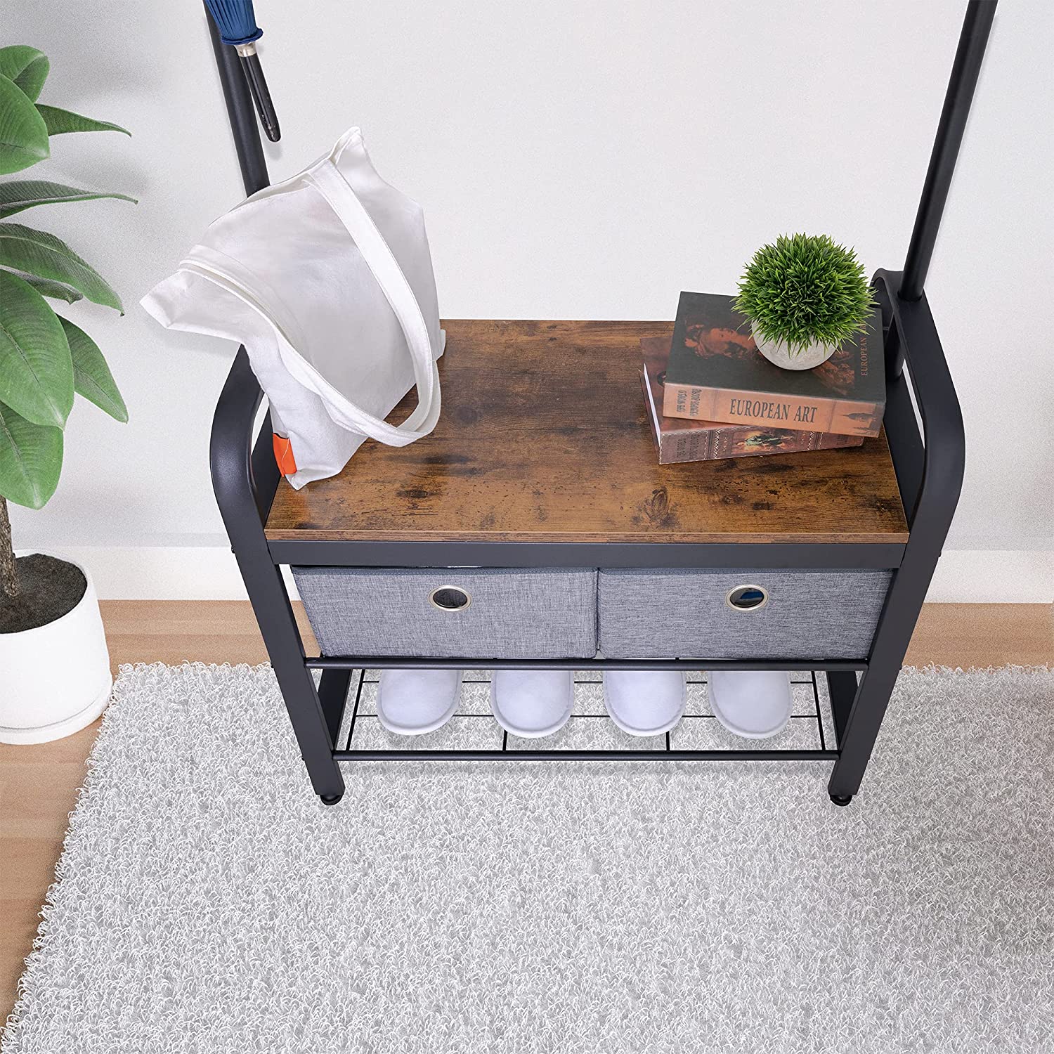 Sunnyglade retro coat rack 3 in 1 hall tree entrance passage coat rack, wood grain furniture metal frame