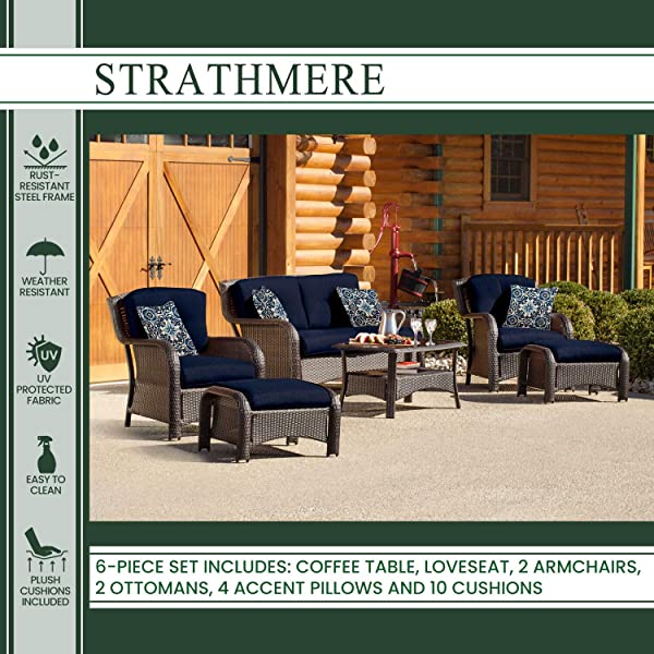 Hanover Strathmere 6-Piece Outdoor Patio Conversation Set, 2 Side Chairs with Ottomans, Loveseat and Tempered Glass Coffee Table, with Hand-Woven Wicker and Thick Cilantro Green Cushions, STRATHMERE6PC