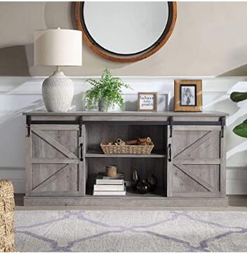 BELLEZE Modern Farmhouse TV Stand & Media Entertainment Center Console Table for TVs up to 65 Inch with Sliding Barn Door and Storage Cabinets - Truman (Stone Grey)