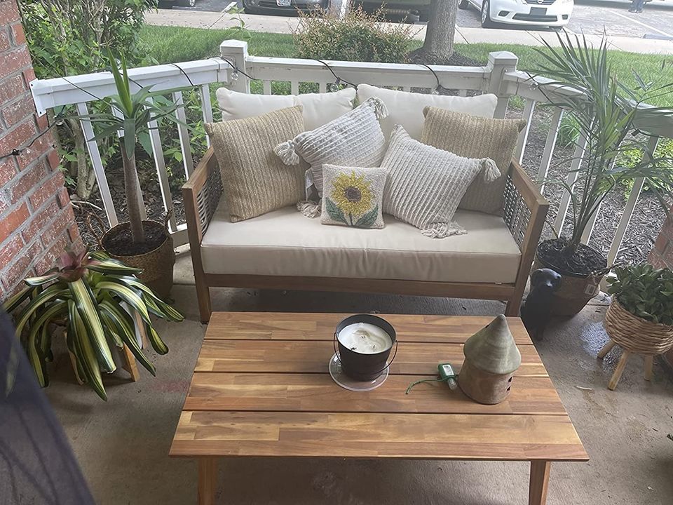 Burchett Outdoor 4 Pcs Chat Set - Acacia Wood and Wicker - TeakMixed BrownBeige.