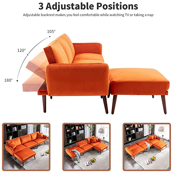 JOMEED Convertible Sectional Sofa Bed with Adjustable Backrest Modern Velvet Fabric L-Shaped Couch with Extra 2 Pillows Wide Chaise Lounge for Living Room (Orange)
