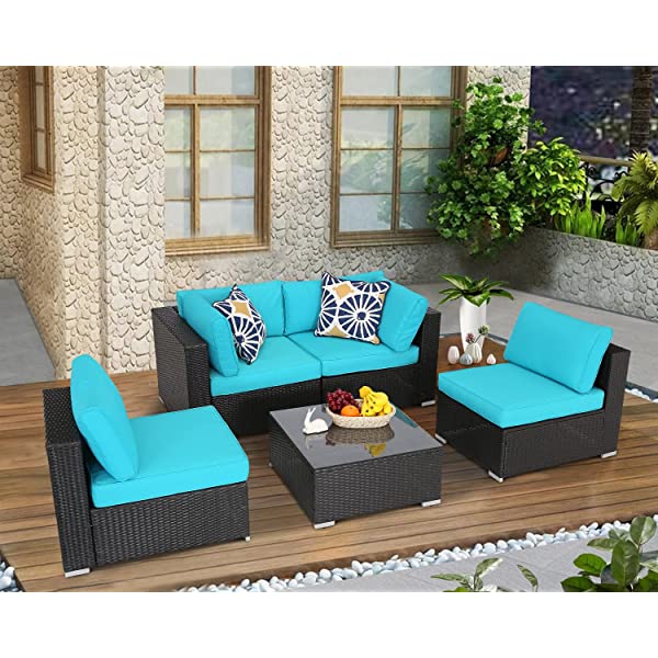 Do4U 5 Pieces Outdoor Patio Furniture Set PE Rattan Patio Set Porch Furniture Cushioned Patio Chairs Set Patio Conversation Set for Garden Balcony Porch Poolside Lawn (Blue)