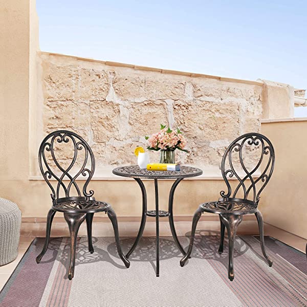 Patiorama 3 Piece Patio Bistro Set, Outdoor Cast Aluminum Furniture Set, All Weather Rust-Resistant Conversation Set w/Umbrella Holen, Antique Finish, Copper