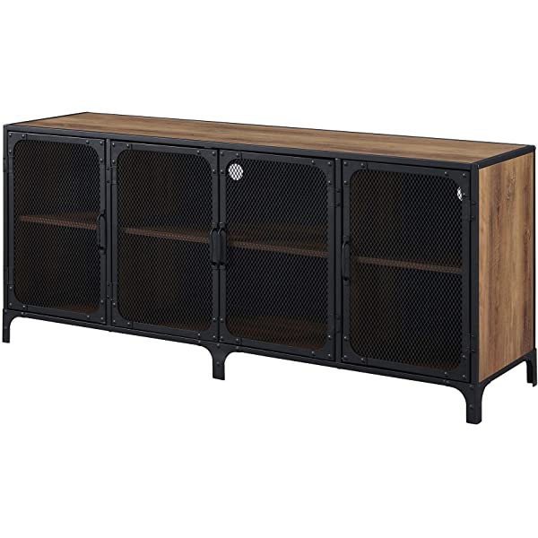 Walker Edison Malcomb Urban Industrial Metal Mesh Double Door Rolling Bar Cabinet, 33 Inch, Rustic Oak Rustic Oak 33 Inch