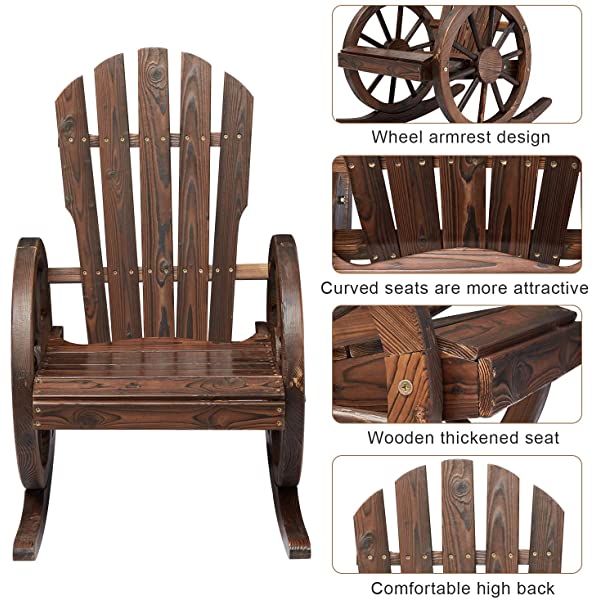 Kinsunny Rustic Wood Wagon Rocking Chair Outdoor Patio Lounge Rocker Set with Wheel Armrest for Garden, Country, Yard 1pc