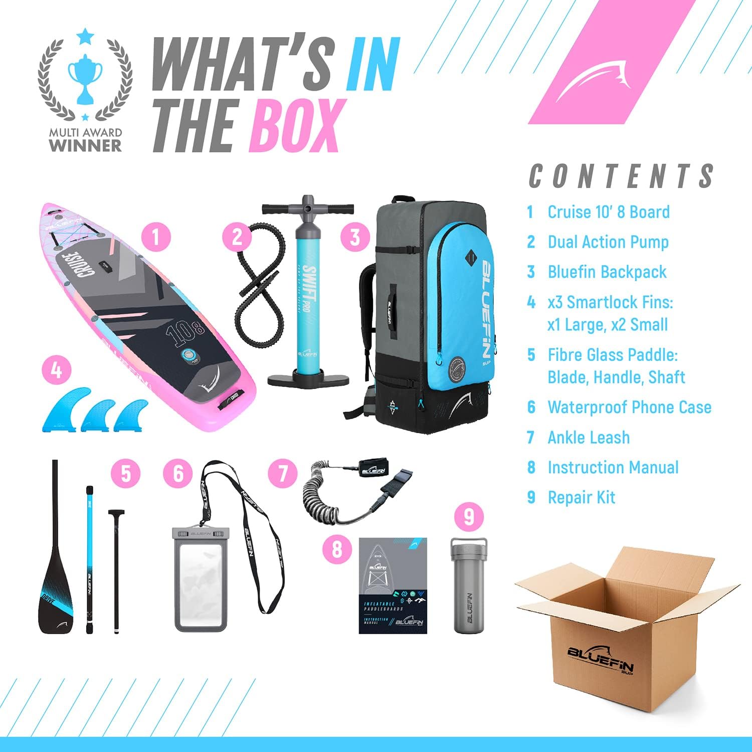 Bluefin Cruise SUP Inflatable Stand Up Paddle Board | Premium Paddleboard Accessories | Multiple sizes: Kids, 9'8, 10'4, 10’8, 12’, 15'