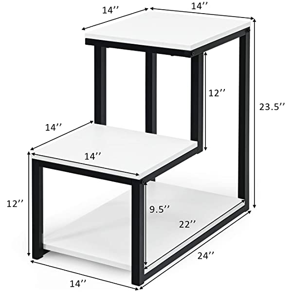 Tangkula 3-Tier Sofa Side Table, Nightstand with Storage Shelf, Sturdy Metal Frame, Ladder-Shaped Chair Side Table, White Tabletop Storage Shelf for Living Room or Bedroom (White)