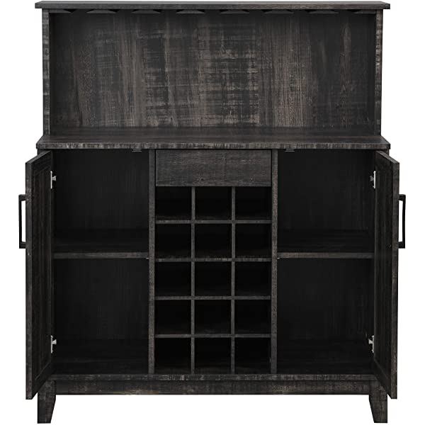 Bar Cabinet with Wine Rack and Glass Doors (Grey wash- Solid)