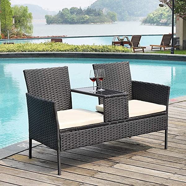 Outdoor Patio Loveseats, Patio Conversation Set with Cushions and Table, Wicker Sofa Set with Built-in Coffee Table, Tempered Glass Top, Modern Rattan Sofas for Garden Lawn Backyard Beige