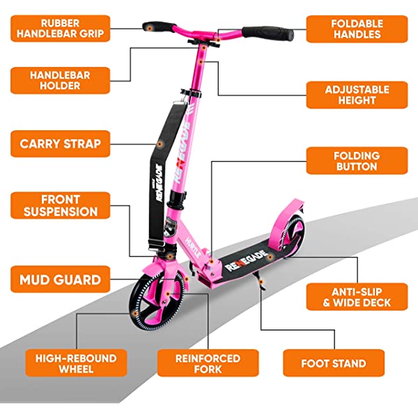 Hurtle Scooter – Scooter for Teenager – Kick Scooter – 2 Wheel Scooter with Adjustable T-Bar Handlebar – Folding Adult Kick Scooter with Alloy Anti-Slip Deck Pink