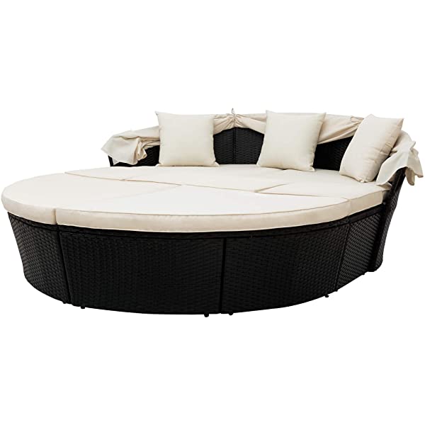 Merax All-Weather Outdoor Sectional Sofa Conversation Set Rattan Daybed Sunbed with Retractable Canopy, Separate Seating and Removable Blue Cushions Brown+blue