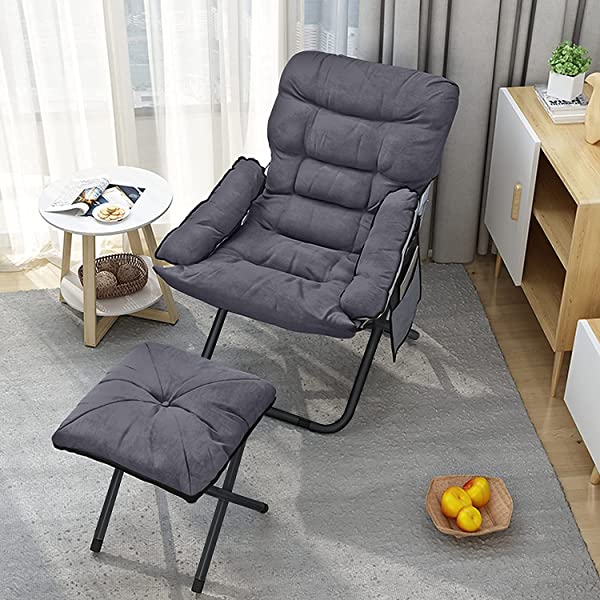 VOJUEAR Modern Accent Fabric Lazy Chair with Ottoman, Upholstered Lounge Reclining Armchair with Side Pocket for Adults or Kids,Upholstered Lounge Leisure Armrest Sofa Chair (CharcoalGrey)