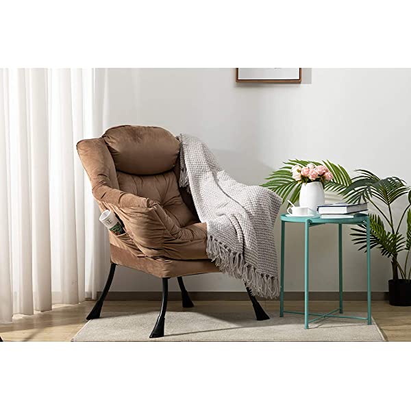 AbocoFur Modern Large Cotton Fabric Lazy Chair，Accent Contemporary Lounge Chair, Single Steel Frame Leisure Sofa Chair with Armrests and A Side Pocket, Beige