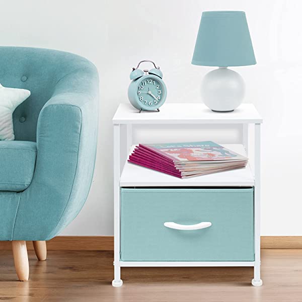 Sorbus Nightstand 1-Drawer Shelf Storage- Bedside Furniture & Accent End Table Chest for Home, Bedroom, Office, College Dorm, Steel Frame, Wood Top, Easy Pull Fabric Bins (Rustic Wood)