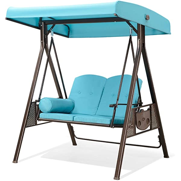 PURPLE LEAF 3-Seat Deluxe Outdoor Patio Porch Swing with Weather Resistant Steel Frame, Adjustable Tilt Canopy, Cushions and Pillow Included, Beige 74.4