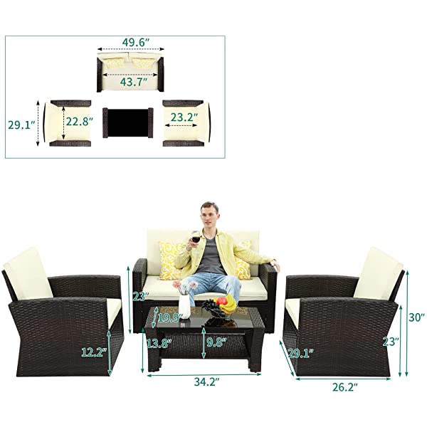 YITAHOME 4 Pieces Outdoor Furniture Sofa Set, PE Rattan Wicker Sectional Furniture Conversation Set with Cushions and Table for Porch Lawn Garden, Black